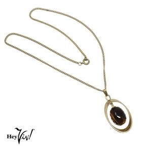 Vintage Gold Chain Necklace w Shiny Deep Brown Oval Pendant 18" Long - Hey Viv